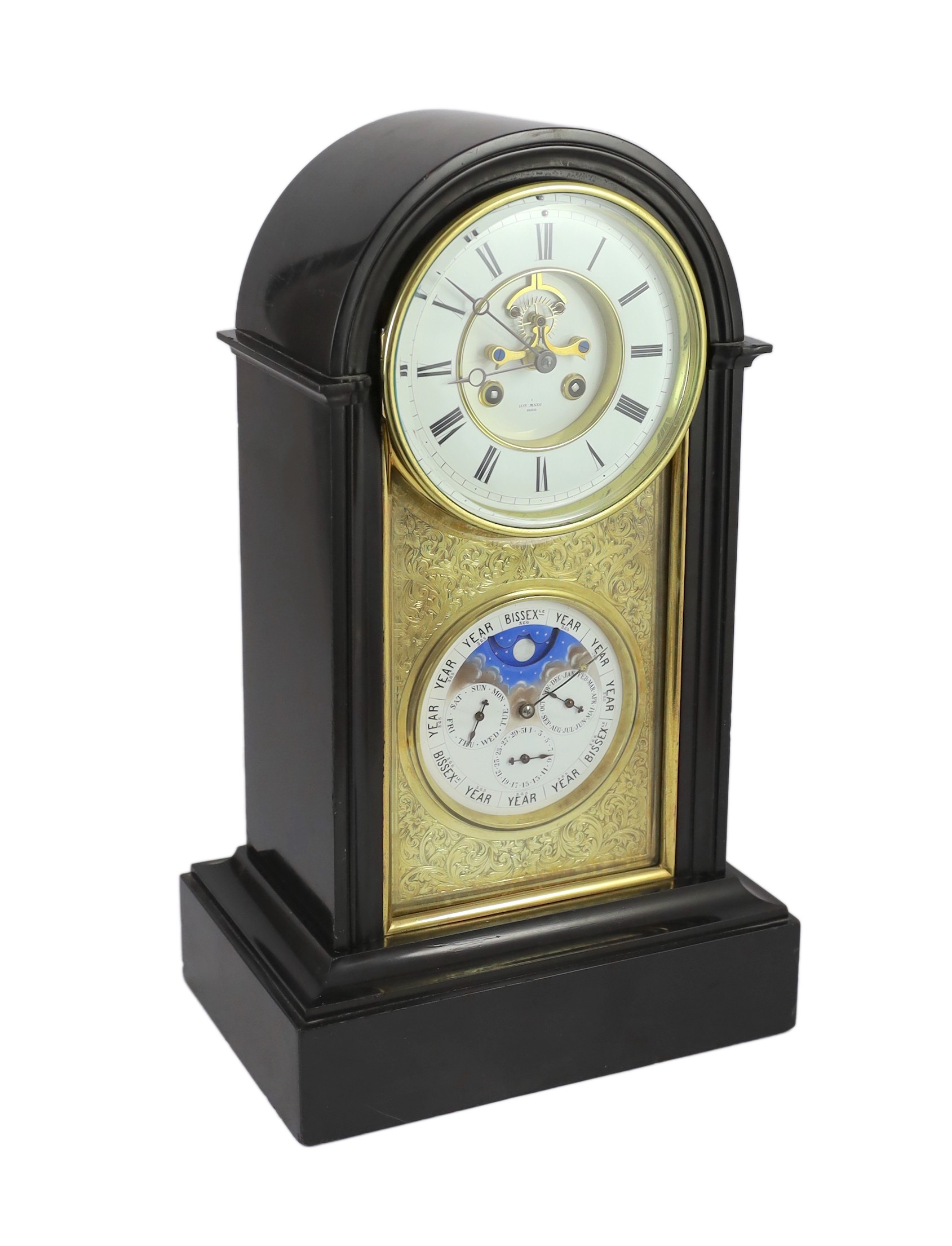 Henri Marc, Paris. A 19th century French arched top black marble mantel clock with perpetual
