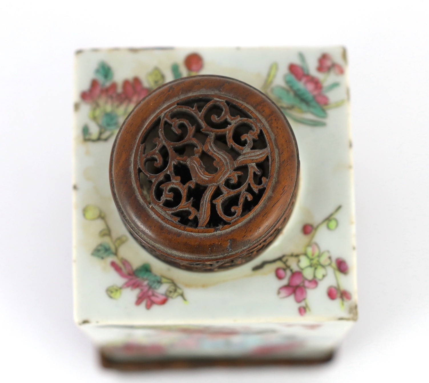 A Chinese famille rose square tea caddy, mid 19th century, painted with the figures of the Shanxing, - Image 6 of 8