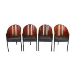 A set of four Philippe Starck Café Costes chairs, with tub shaped mahogany backs, integral leather
