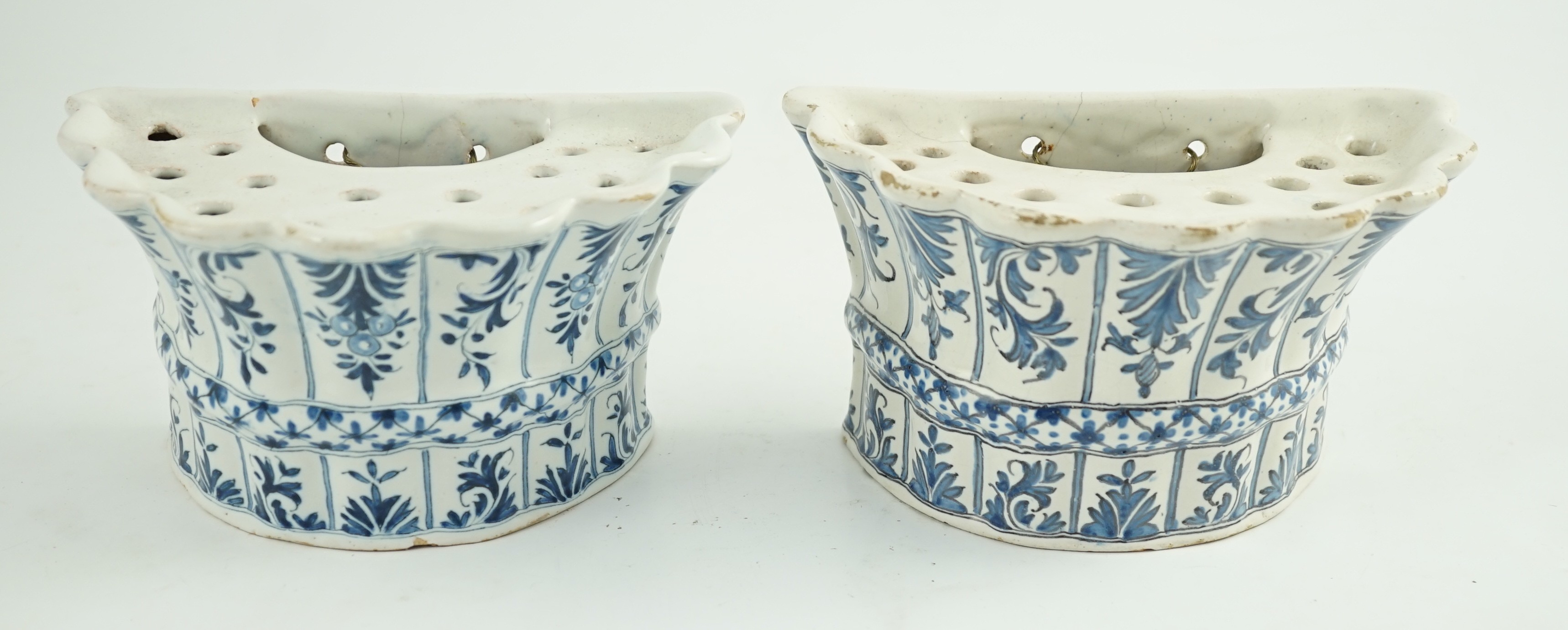 Two similar 18th century Delft blue and white hanging bough pots, of lobed demi-lune shape, - Image 2 of 7