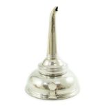 A George III silver wine funnel, by Hester Bateman, with reeded collars and shaped thumbpiece,