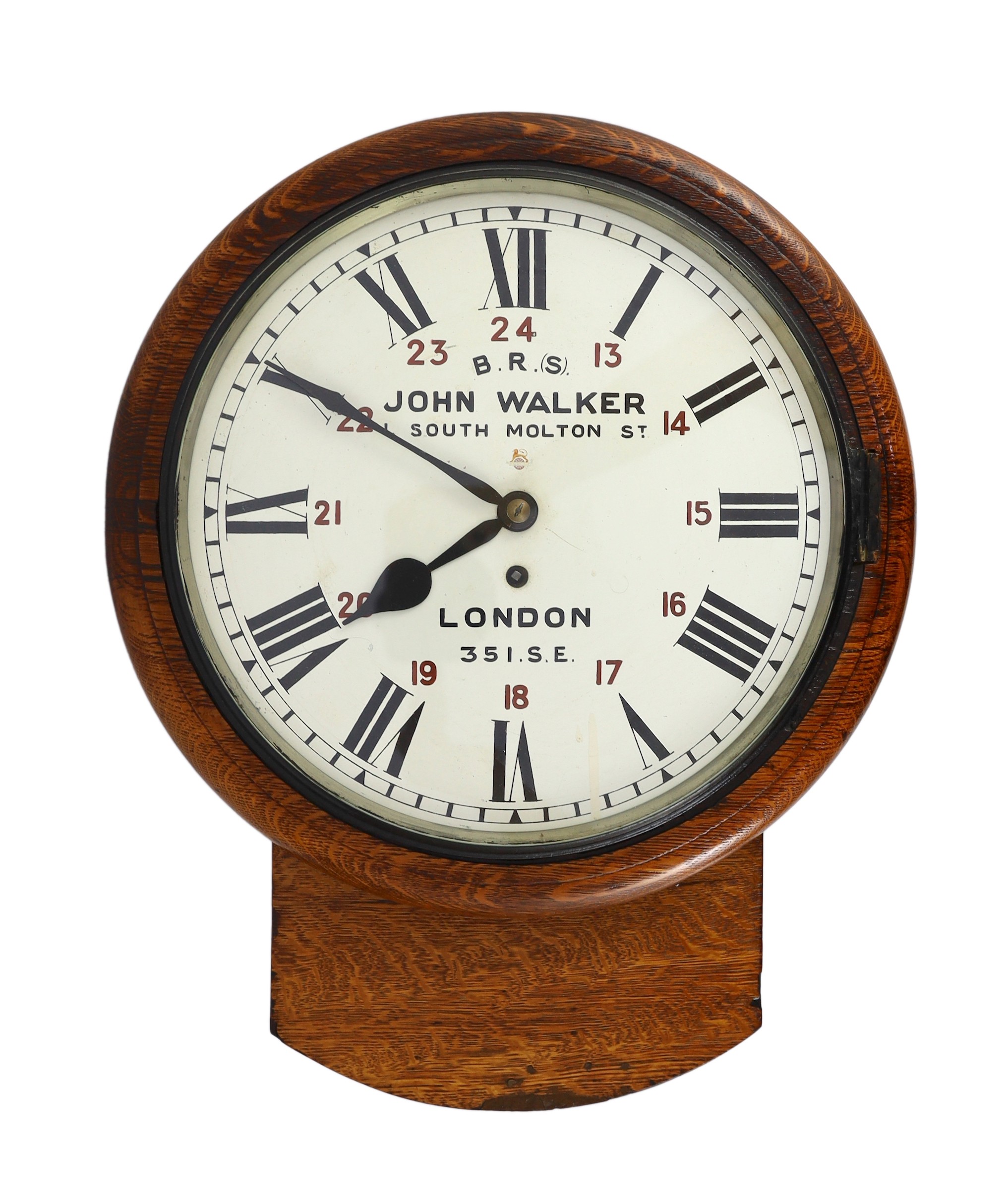 John Walker, South Milton St, London. An Edwardian oak cased drop dial wall timepiece with British