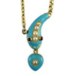 A late Victorian gold, enamel and split pearl set serpent drop mourning necklace, with cabochon eyes