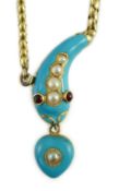 A late Victorian gold, enamel and split pearl set serpent drop mourning necklace, with cabochon eyes
