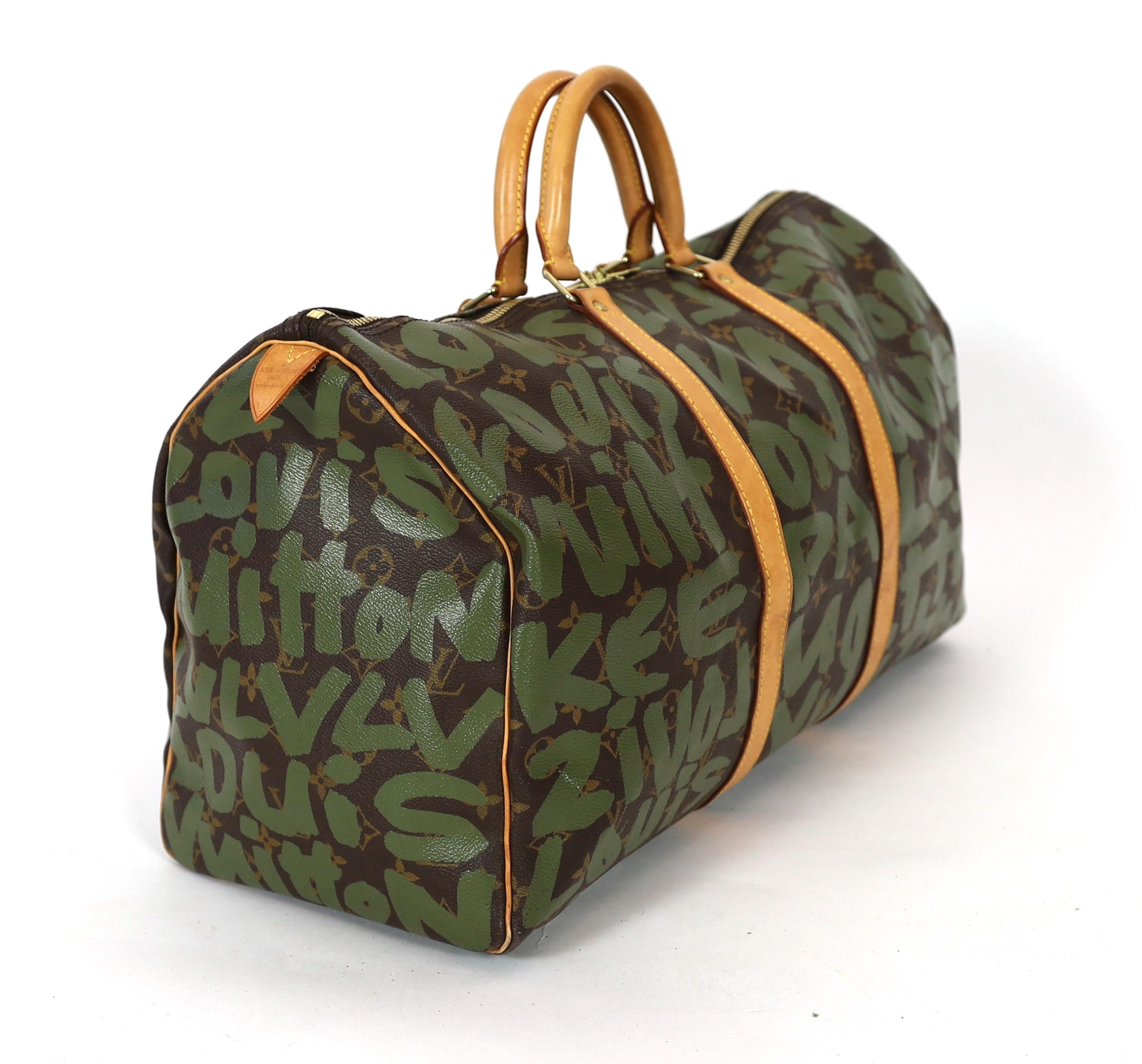 A vintage 2001 Louis Vuitton Stephen Sprouse Khaki Green Monogram Graffiti Keepall 50 - Image 6 of 10