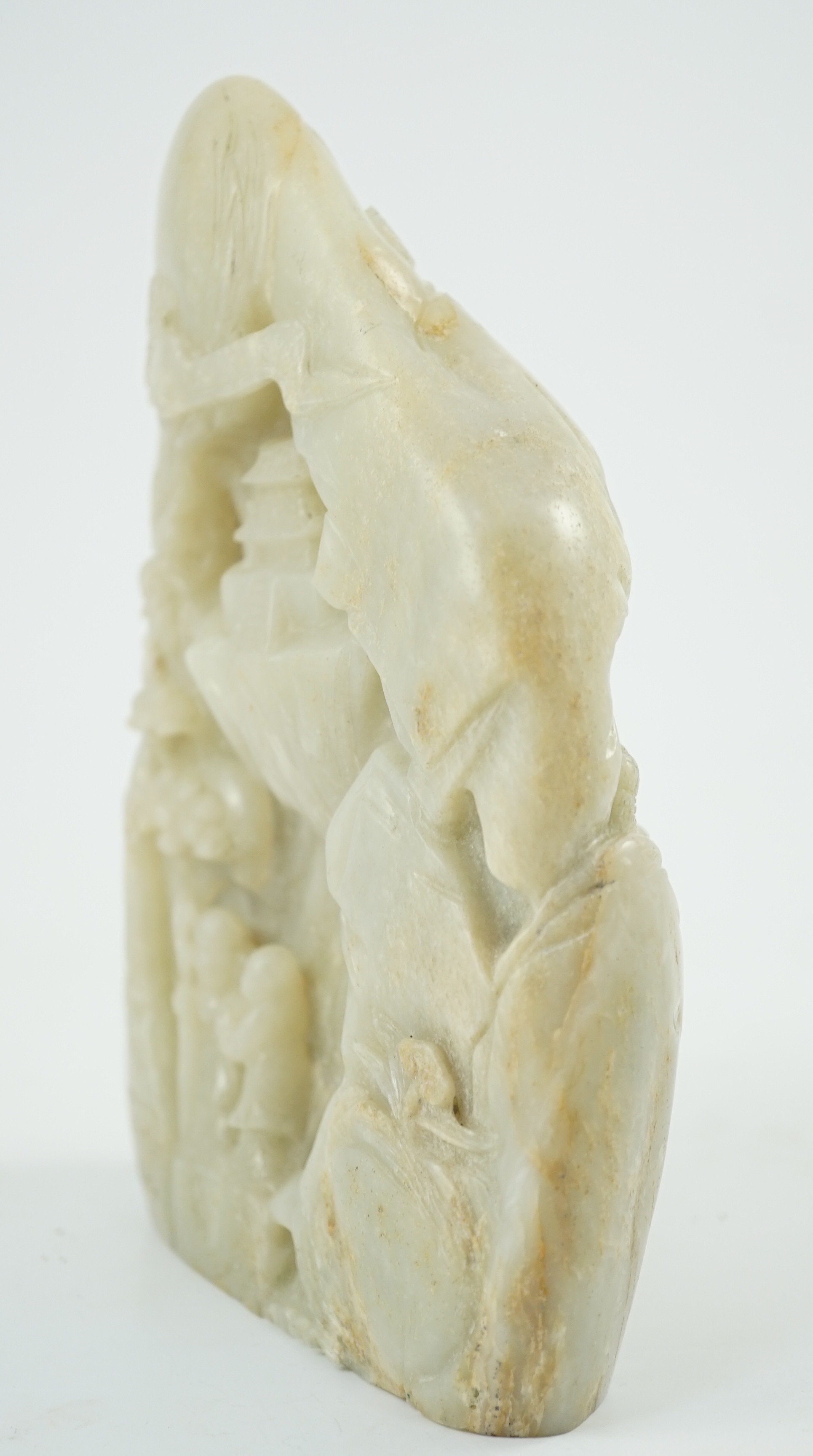 A Chinese pale celadon jade boulder carving, carved in high relief and openwork with Shou Lao, sages - Image 4 of 4