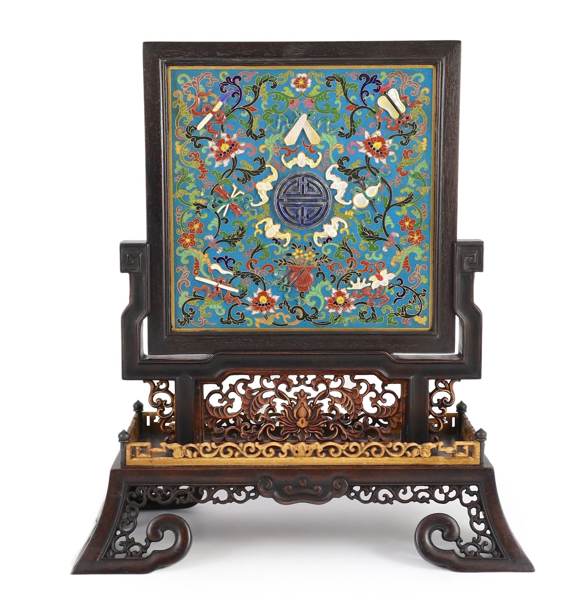 A Chinese cloisonné enamel, hardstone and mother-of-pearl mounted table screen, with pierced and