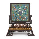 A Chinese cloisonné enamel, hardstone and mother-of-pearl mounted table screen, with pierced and