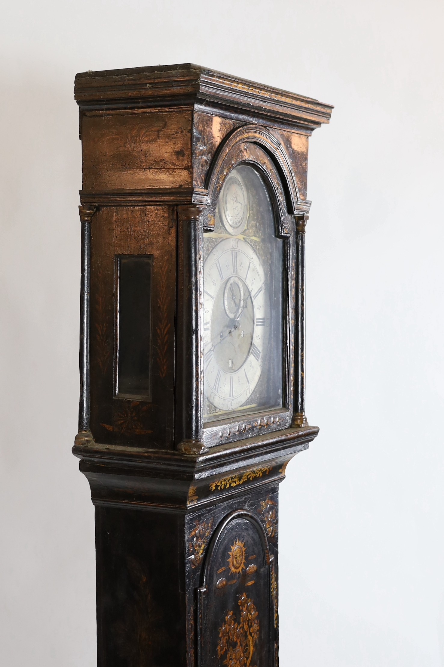 Thomas Clinch of London. A black japanned eight day longcase clock, the 12 inch arched brass dial - Image 5 of 9