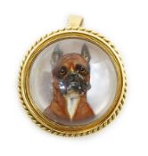 A Victorian gold mounted Essex crystal pendant brooch, decorated with head of a boxer dog,
