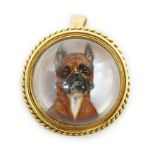 A Victorian gold mounted Essex crystal pendant brooch, decorated with head of a boxer dog,