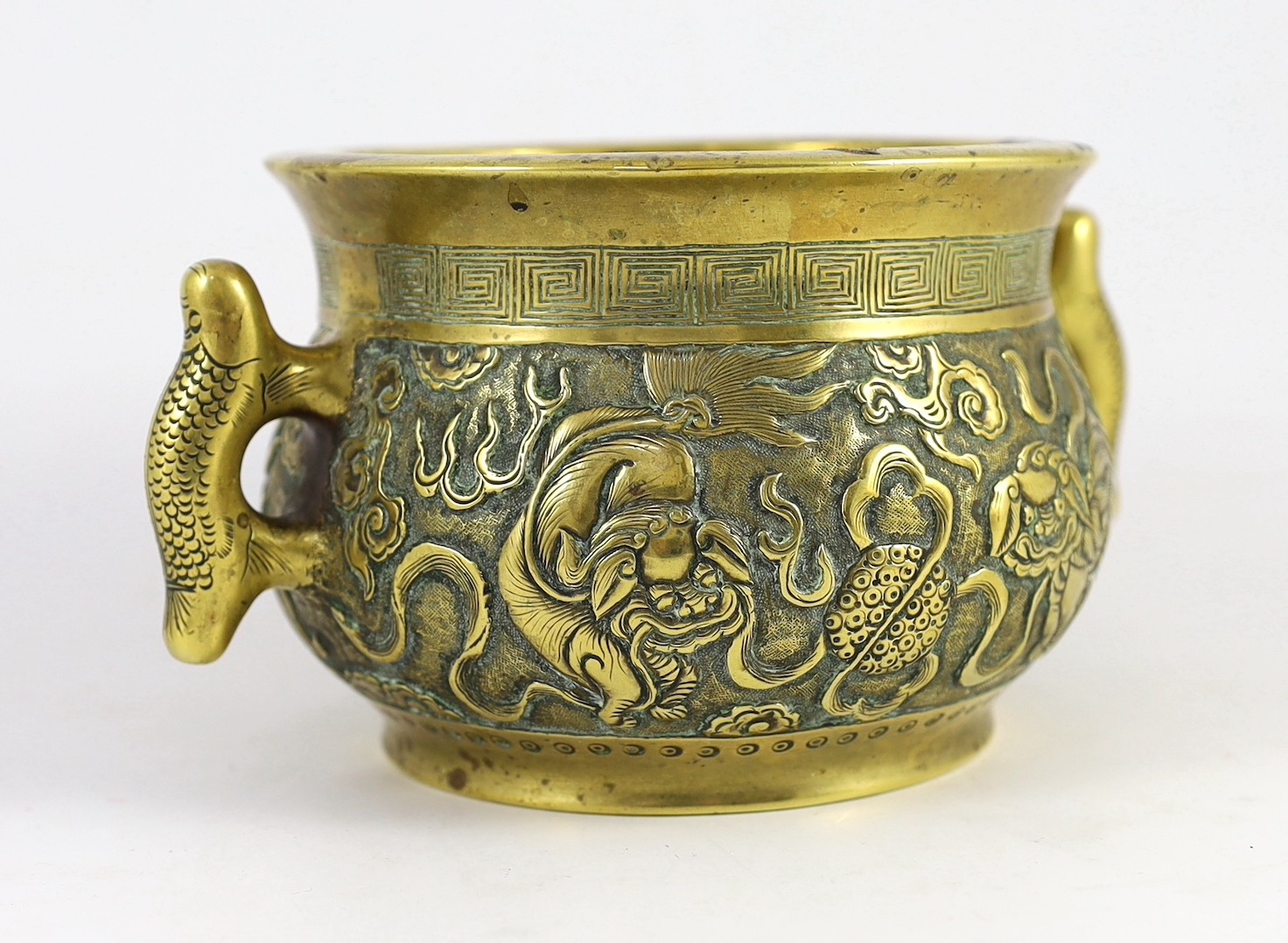 A Chinese polished bronze ‘Buddhist lion’ censer, gui, 19th century, cast and chased in relief - Image 2 of 10