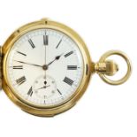 A late 19th Swiss 18k gold keyless hunter minute repeating chronograph pocket watch by U.