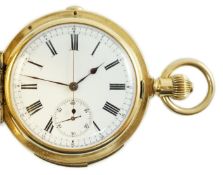 A late 19th Swiss 18k gold keyless hunter minute repeating chronograph pocket watch by U.