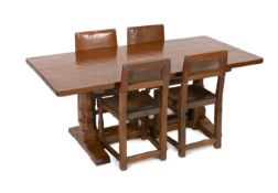 Robert Thompson of Kilburn. A Mouseman oak refectory table and four matching dining chairs, with