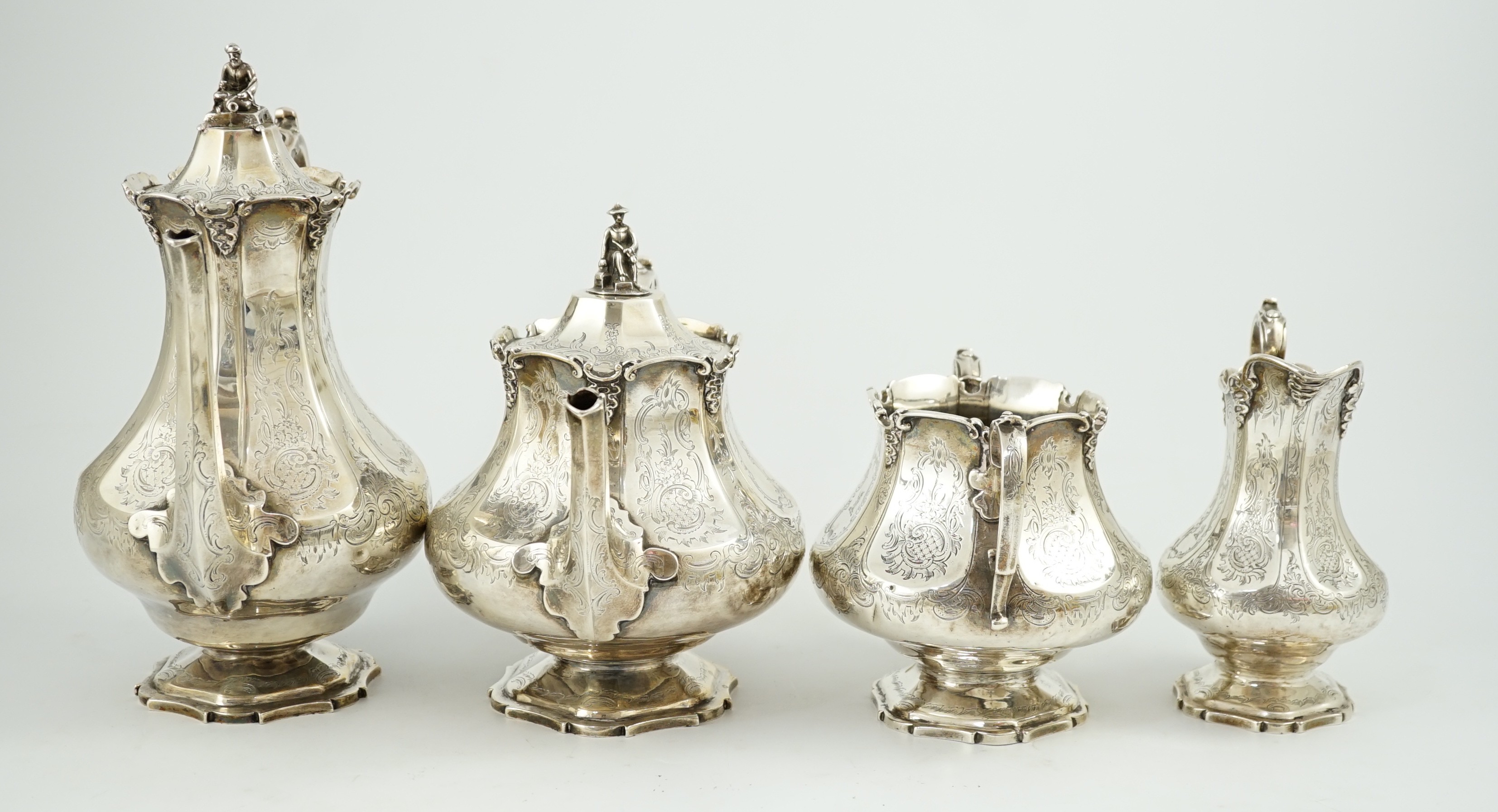 A Victorian silver pedestal four piece tea and coffee service by Robert Harper, of panelled baluster - Image 4 of 4