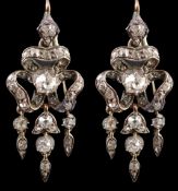 A pair of 19th century gold, silver and old cut diamond set drop earrings, of ribbon bow form, 37mm,