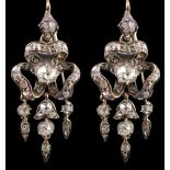 A pair of 19th century gold, silver and old cut diamond set drop earrings, of ribbon bow form, 37mm,