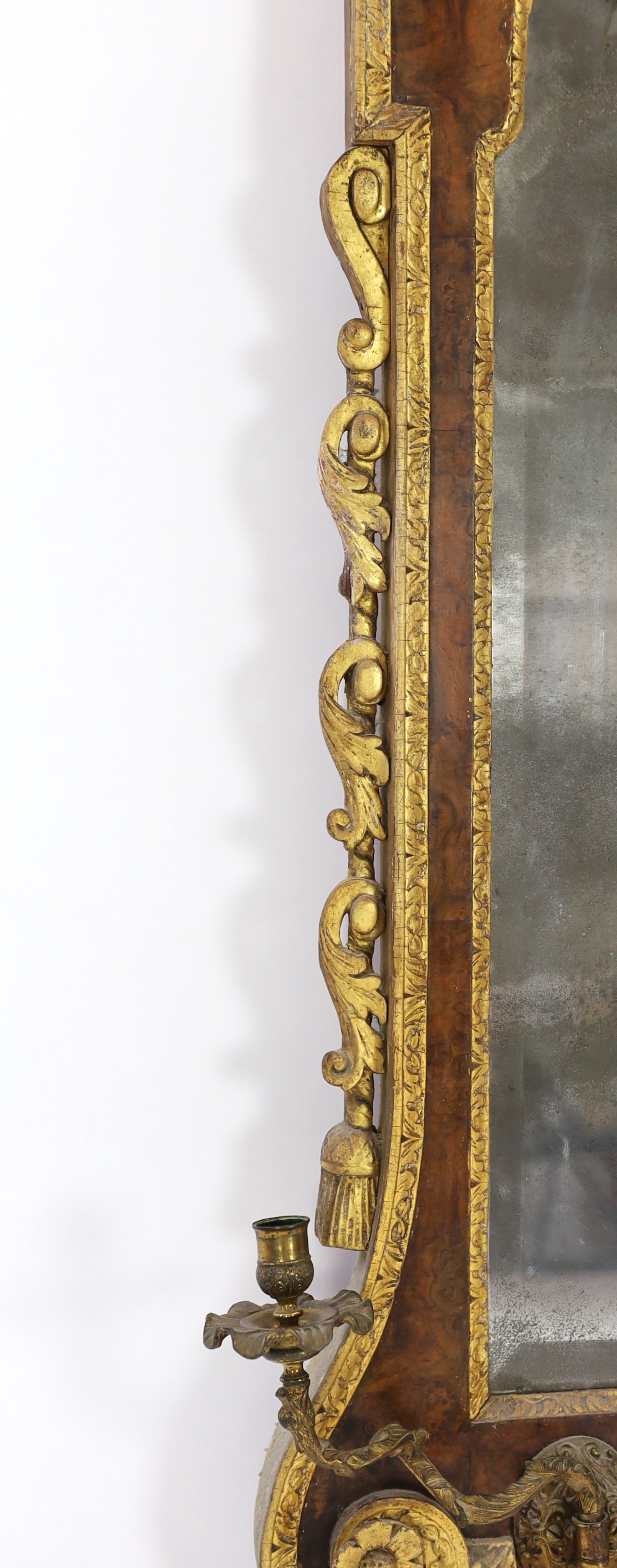 A George II and later carved giltwood and burr walnut wall mirror, the cartouche shaped crest - Image 4 of 4