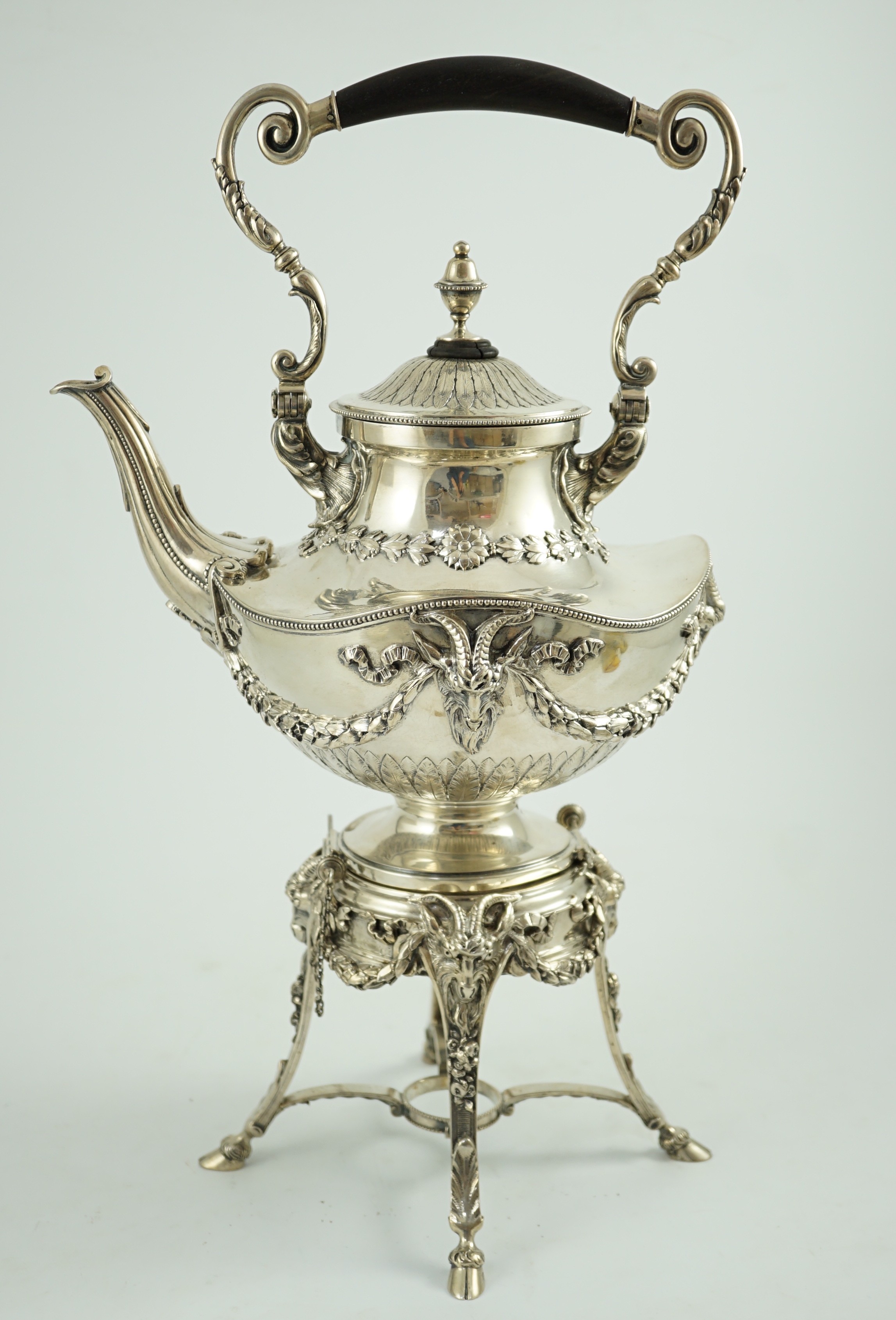 An ornate late 19th/early 20th century Austro-Hungarian 800 standard silver tea kettle on stand, - Image 2 of 5