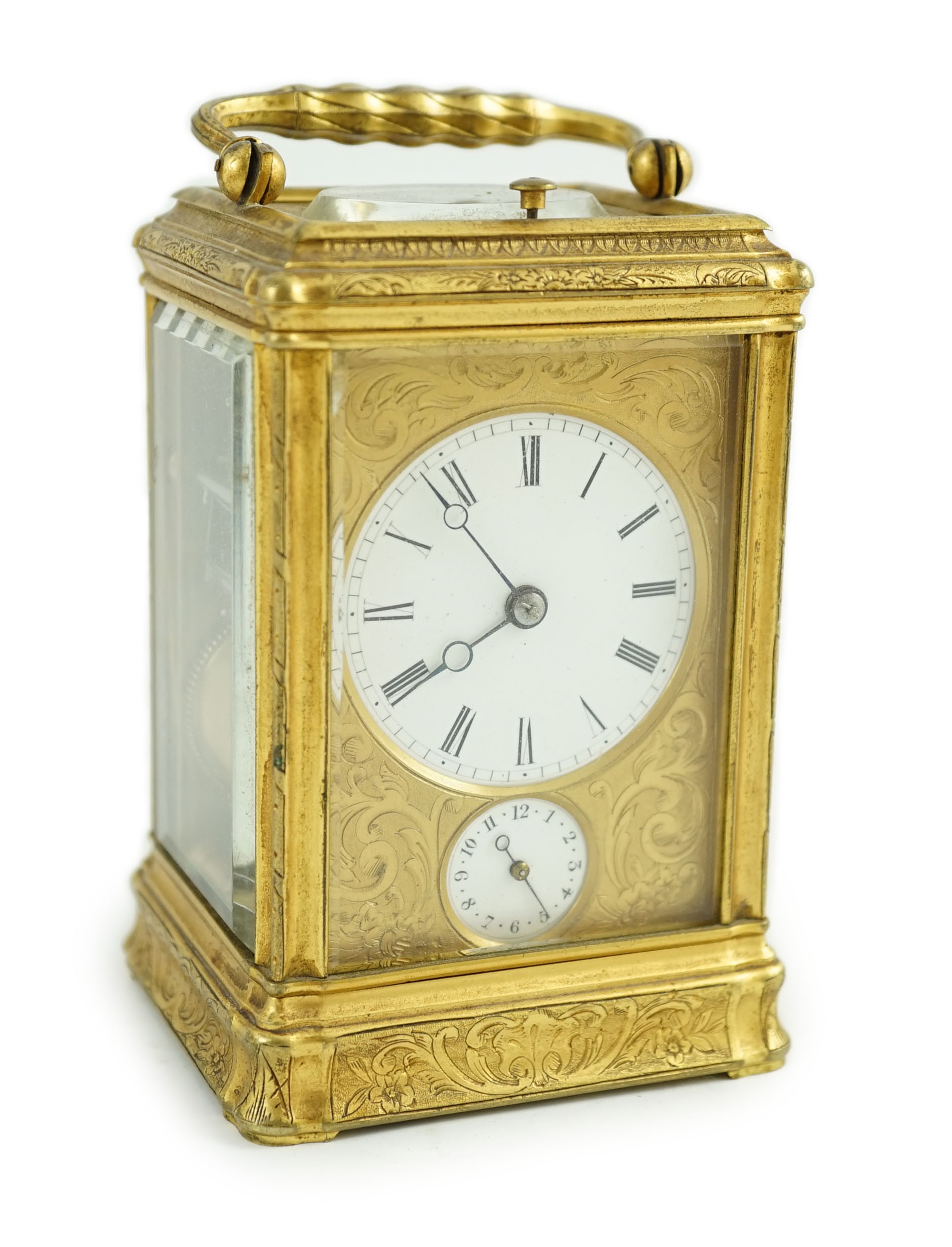 A late 19th century French engraved gilt brass gorge-cased repeating carriage clock with alarm, with - Image 2 of 6