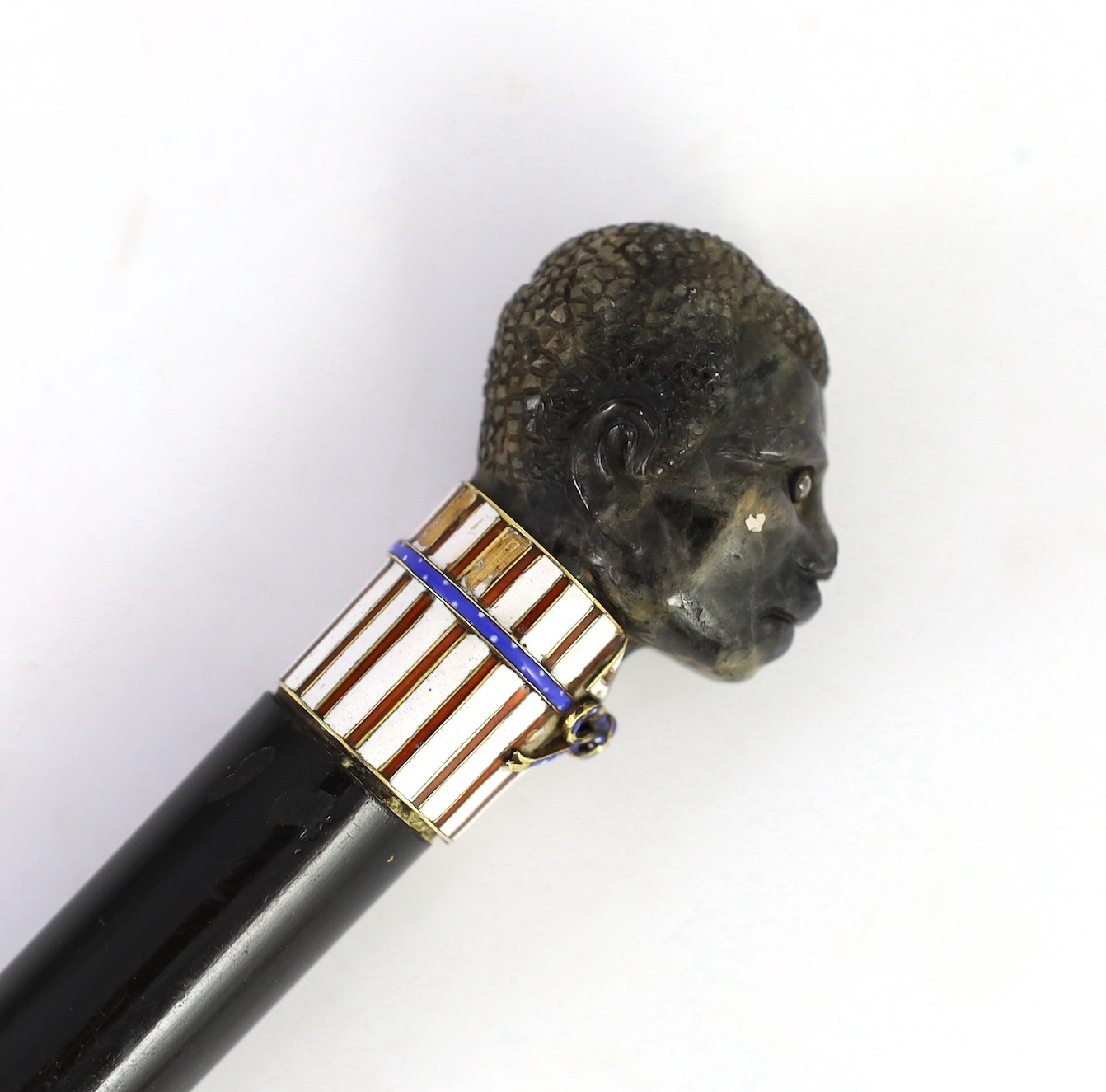 A 19th century French carved labradorite, diamond, ruby and enamel handled ebonised cane, carved - Image 3 of 6