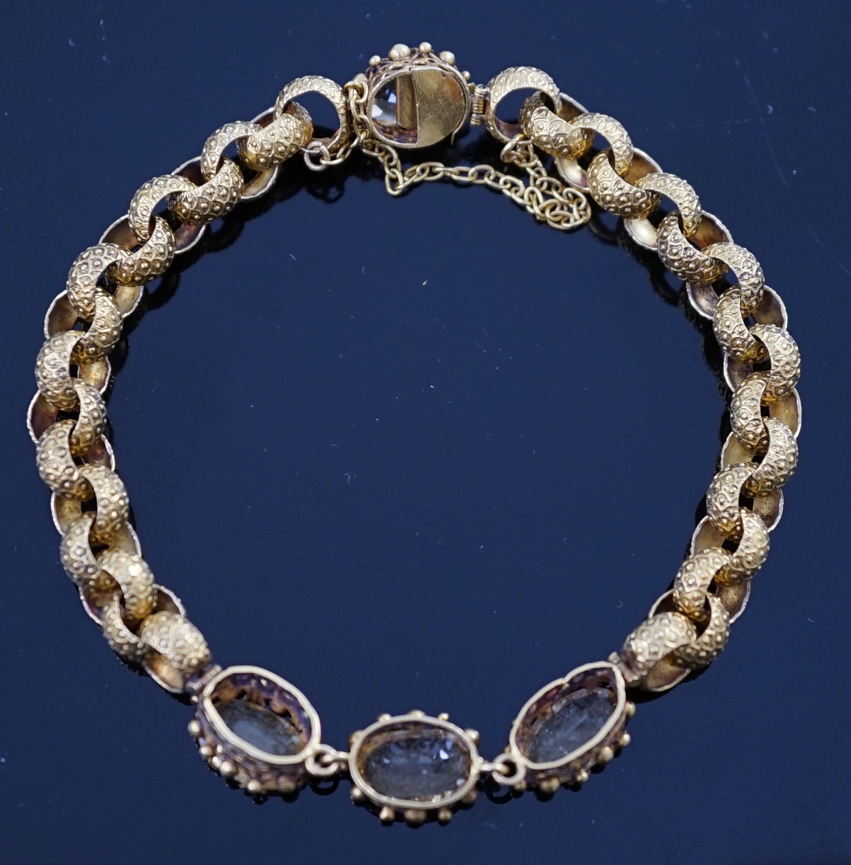 A 19th century cannetille work gold and four stone oval cut citrine set circular link bracelet, - Image 5 of 6