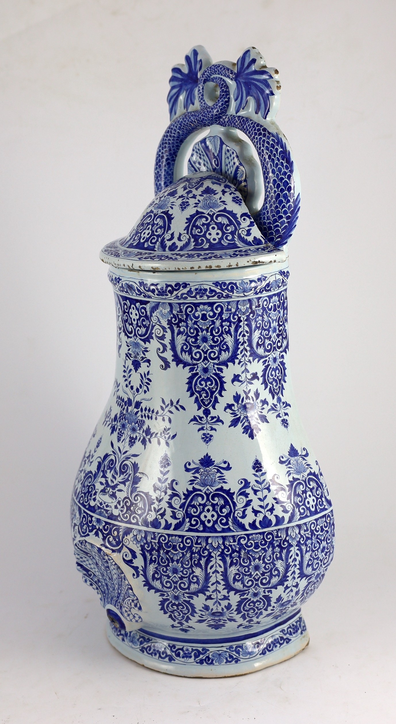 A large Rouen faience blue and white cistern, second quarter 18th century, painted with foliate - Image 3 of 7