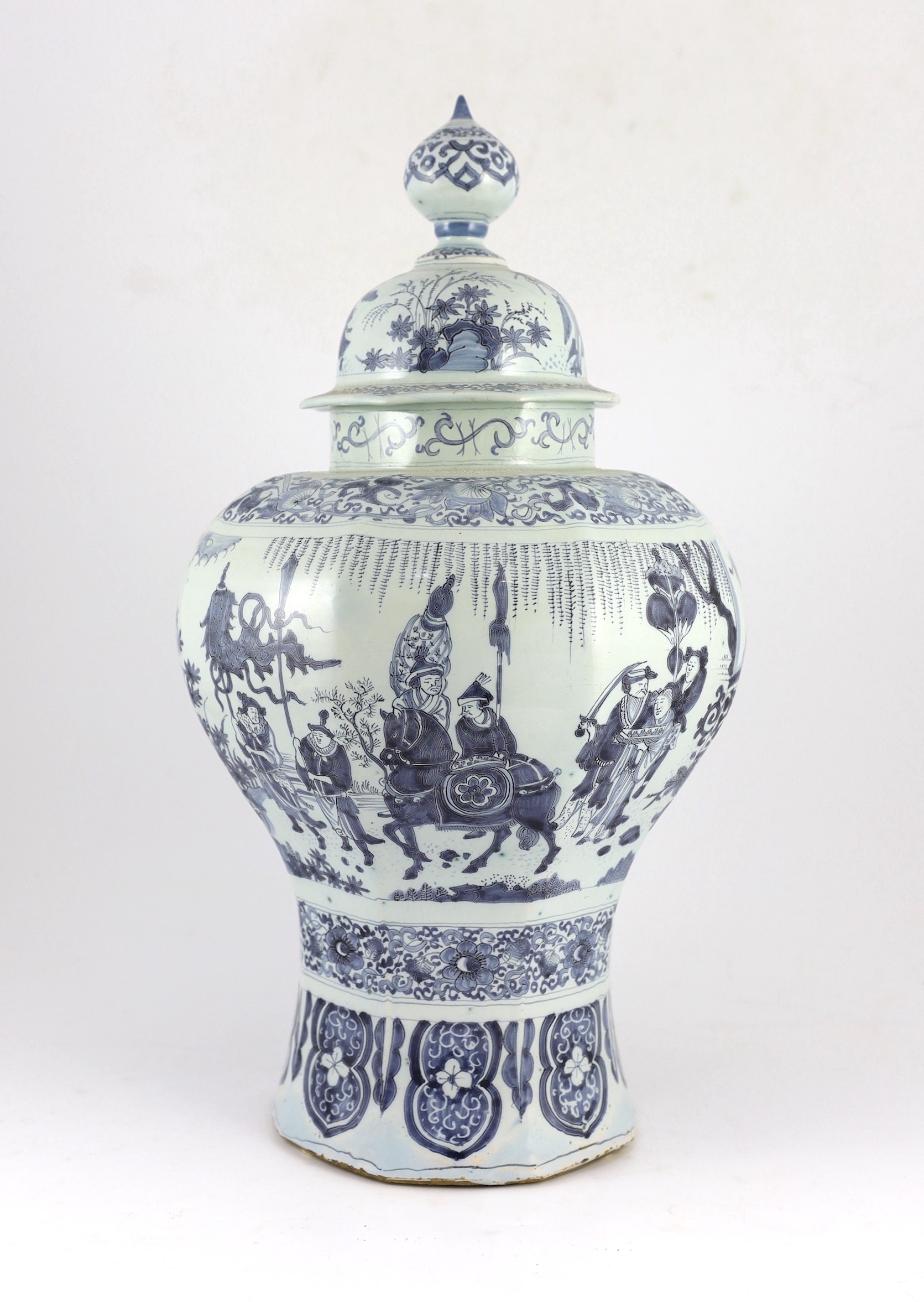 A massive Delft blue and white inverted baluster vase and cover, c.1700, painted with Chinese - Image 3 of 6