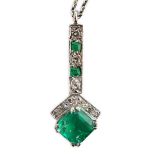 A 1920's platinum?, emerald and diamond set pendant necklace, the square cut emerald measuring 5.9mm