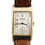 A gentleman's 1930's 9ct gold Rolex manual wind rectangular dial wrist watch, on later leather