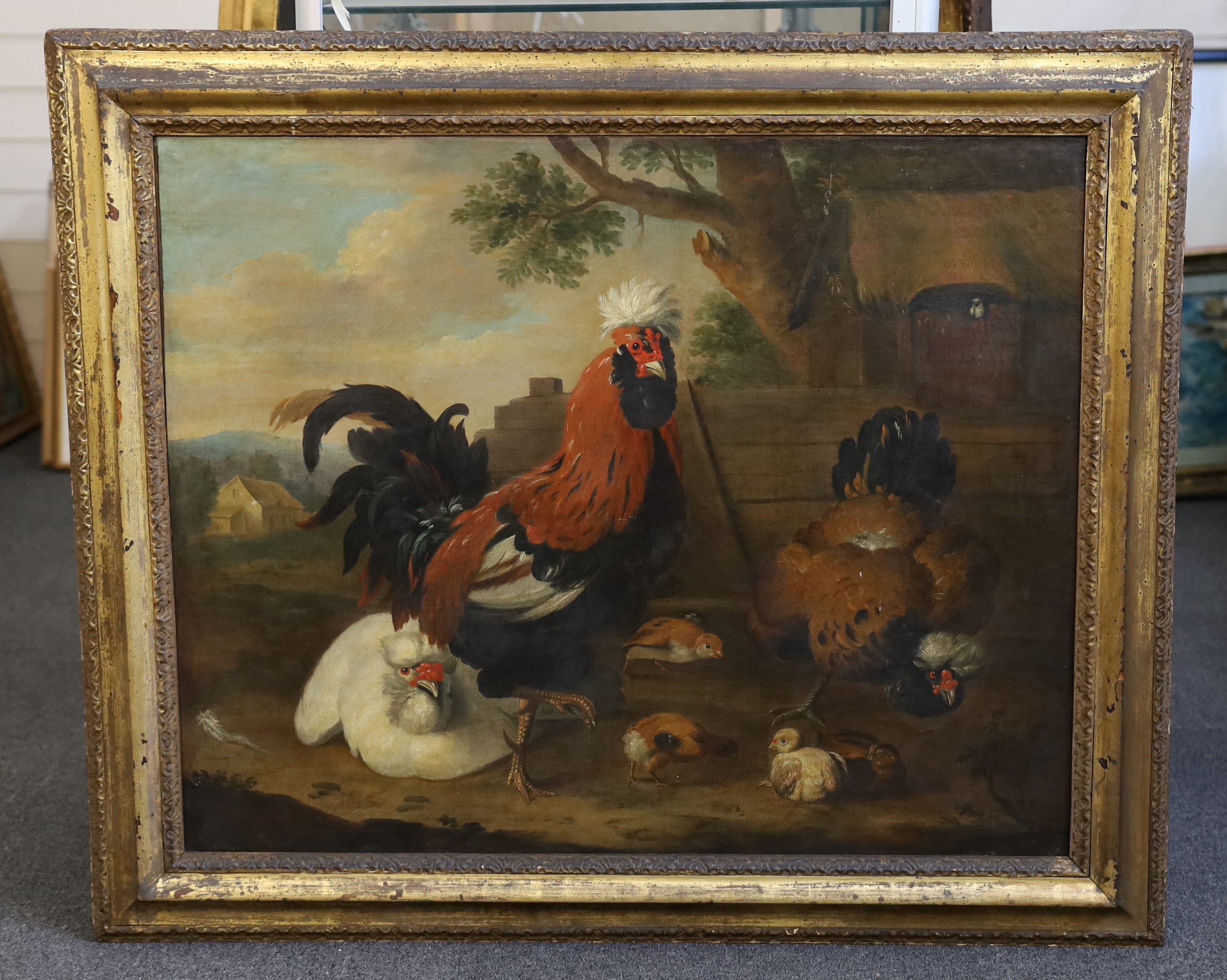 Manner of Melchior d'Hondecoeter (Dutch, c.1636-1695) A cockerel, chickens and chicks in a - Image 2 of 3