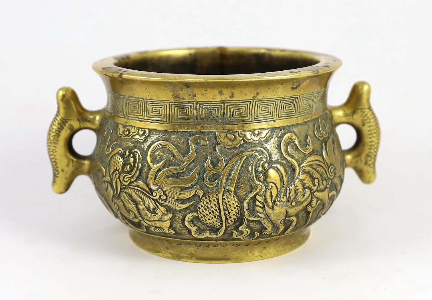 A Chinese polished bronze ‘Buddhist lion’ censer, gui, 19th century, cast and chased in relief - Image 5 of 10