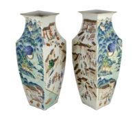 A pair of large Chinese famille rose fencai square baluster vases, 19th century, each painted to