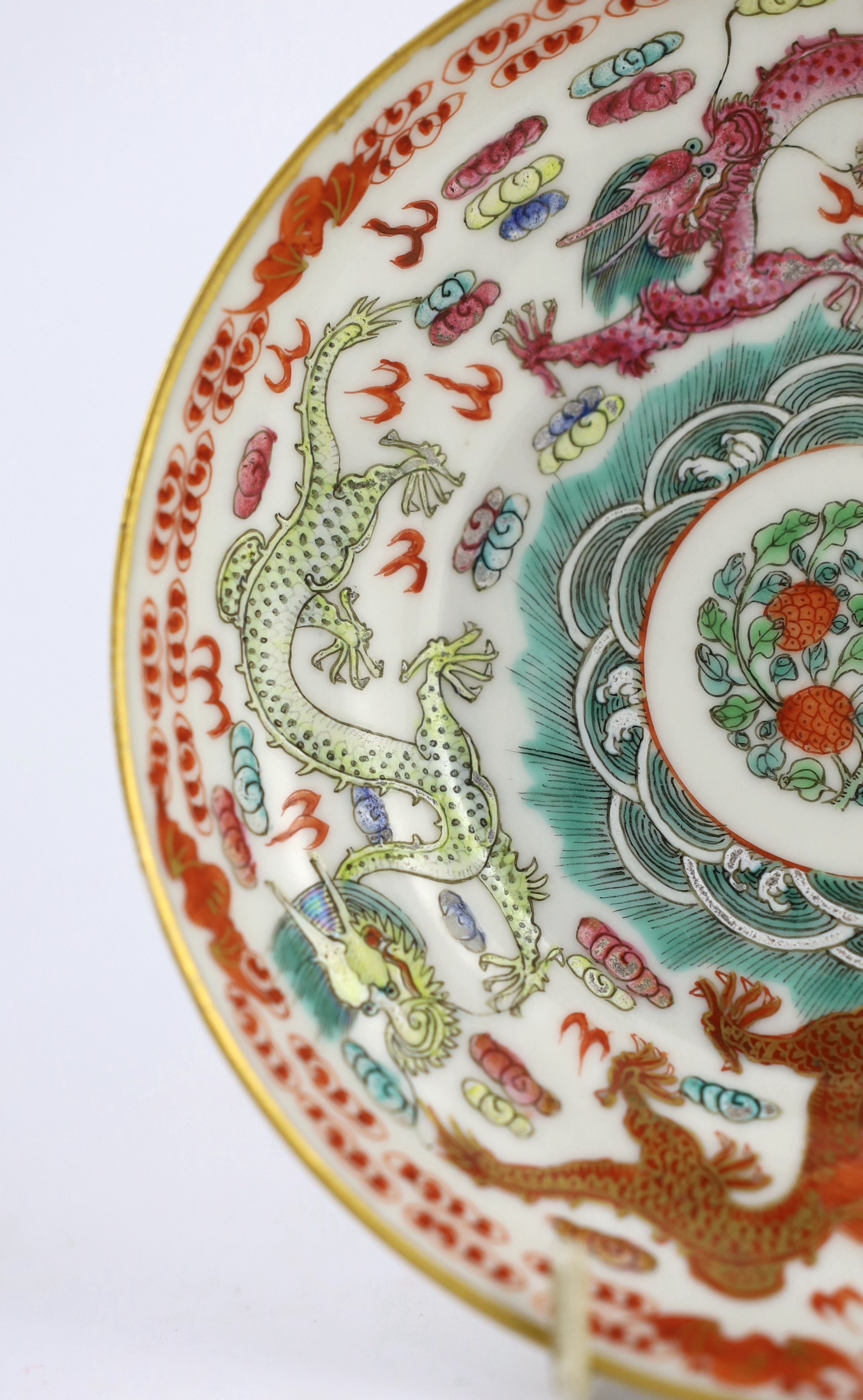A Chinese famille rose fencai ‘dragon’ saucer dish, Jiaqing four character seal mark, 19th - Image 4 of 7