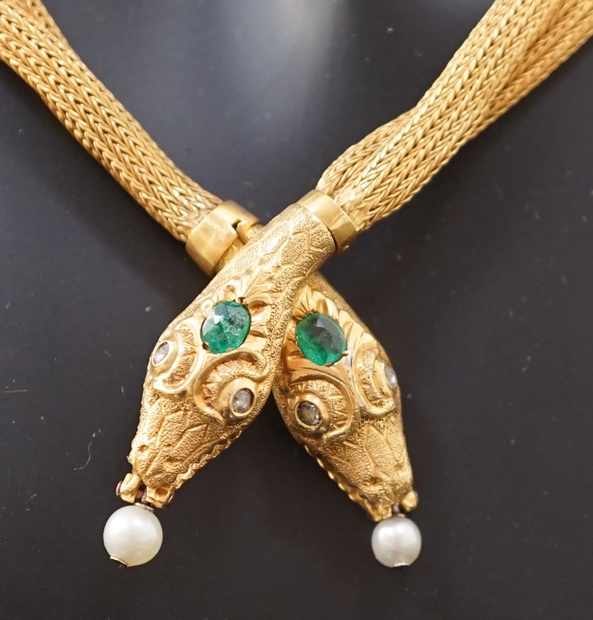 An early 20th century multi-strand gold, emerald, rose cut diamond and cultured pearl drop set - Image 2 of 5