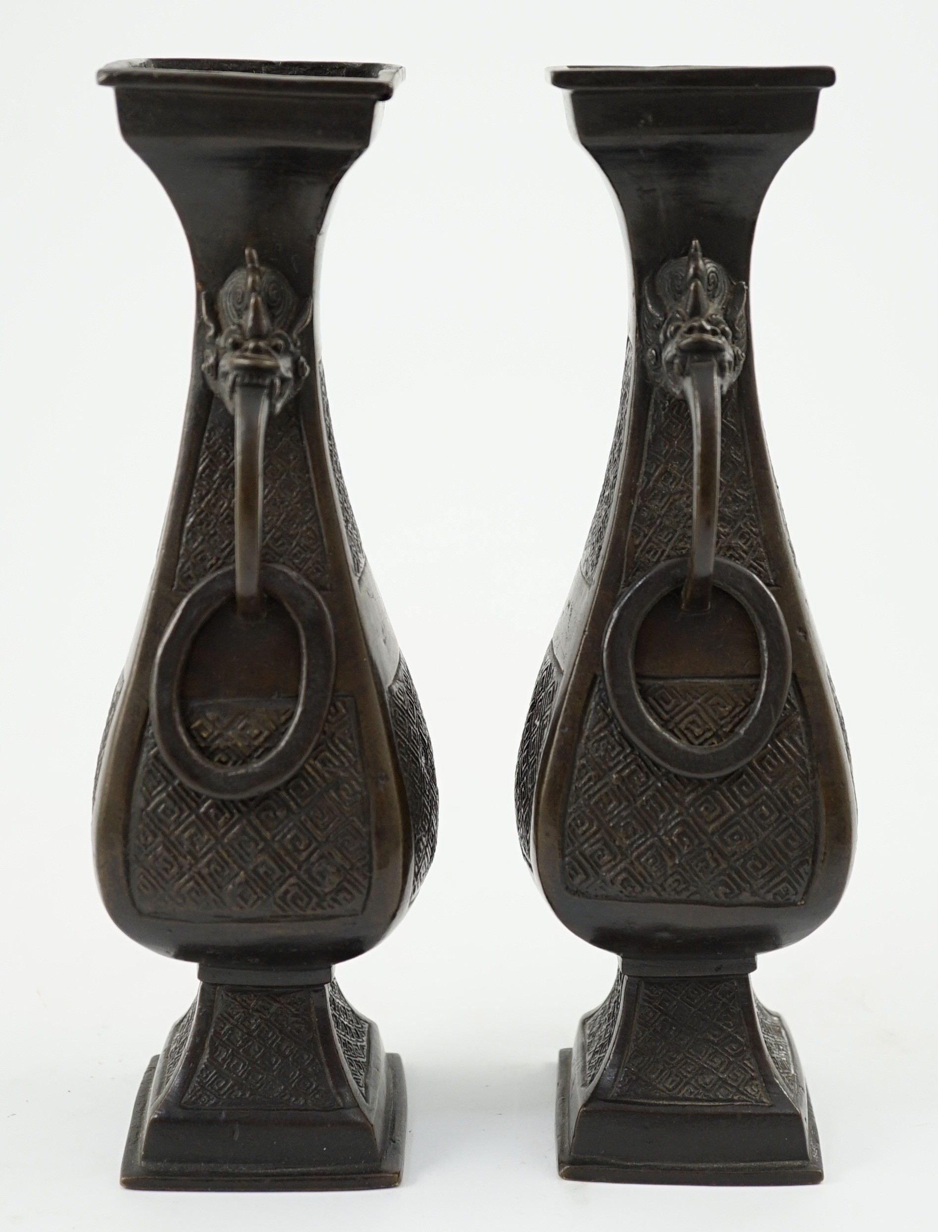A pair of Chinese archaistic bronze two handled altar vases, Ming dynasty, of rectangular baluster - Image 3 of 7