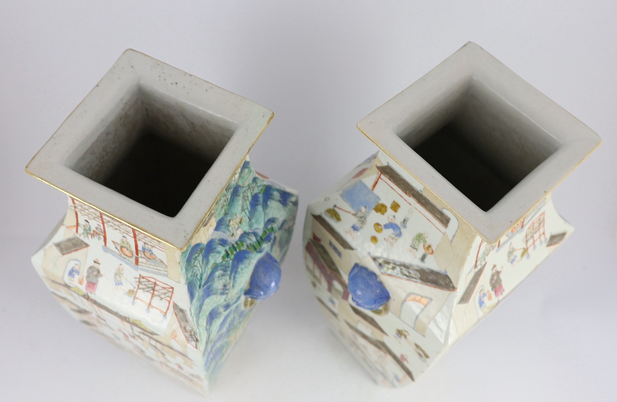 A pair of large Chinese famille rose fencai square baluster vases, 19th century, each painted to - Image 6 of 8