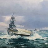 § § Geoff Hunt PPRSMA (British, 1948-2008) Royal Naval aircraft carrier at seaoil on canvas