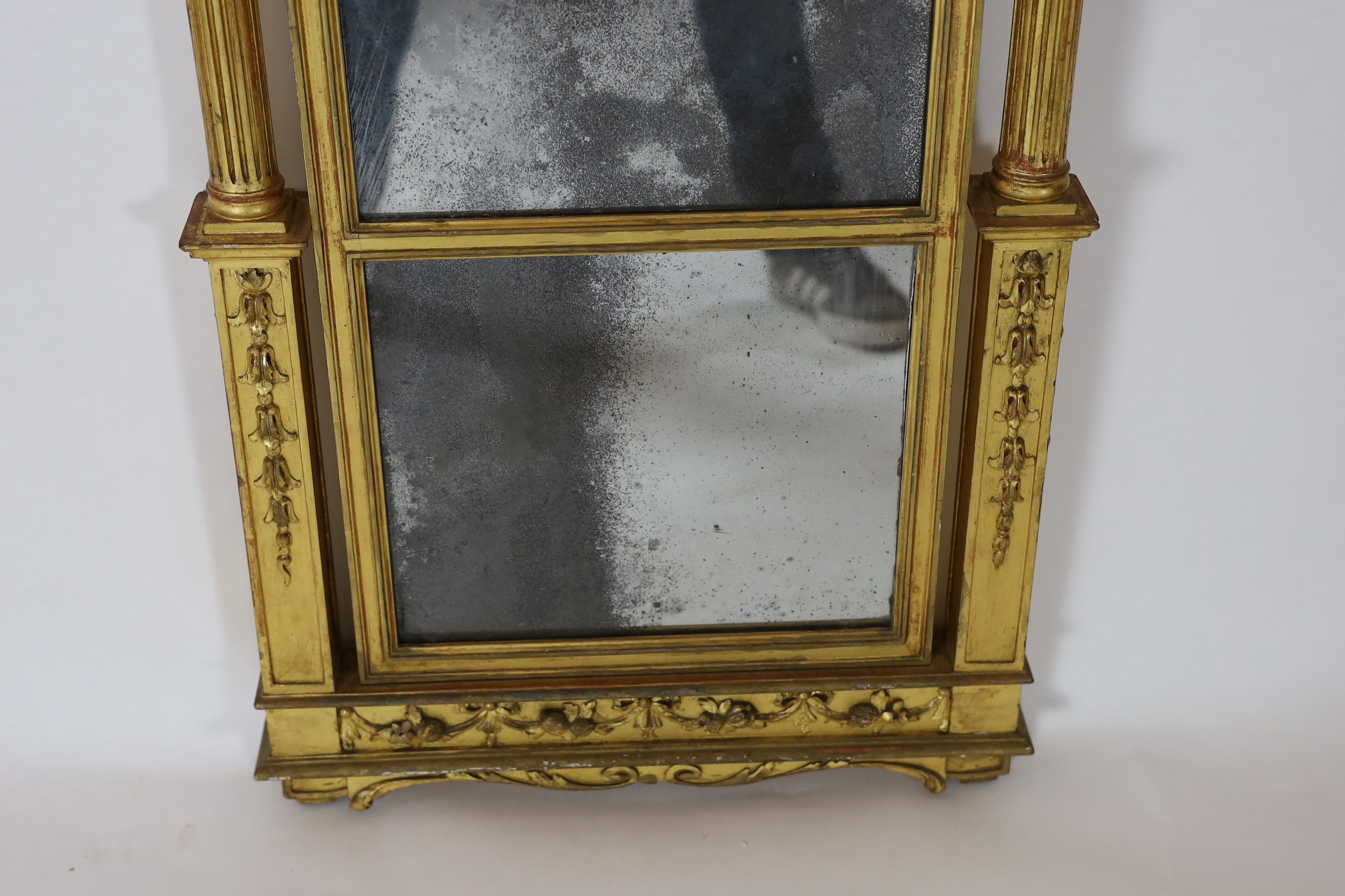 A George III giltwood pier glass, the tabernacle style frame with flowers in a basket and swans neck - Image 5 of 5