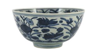 A Chinese Ming blue and white ‘lotus pond’ deep bowl, the interior painted with pavilions and