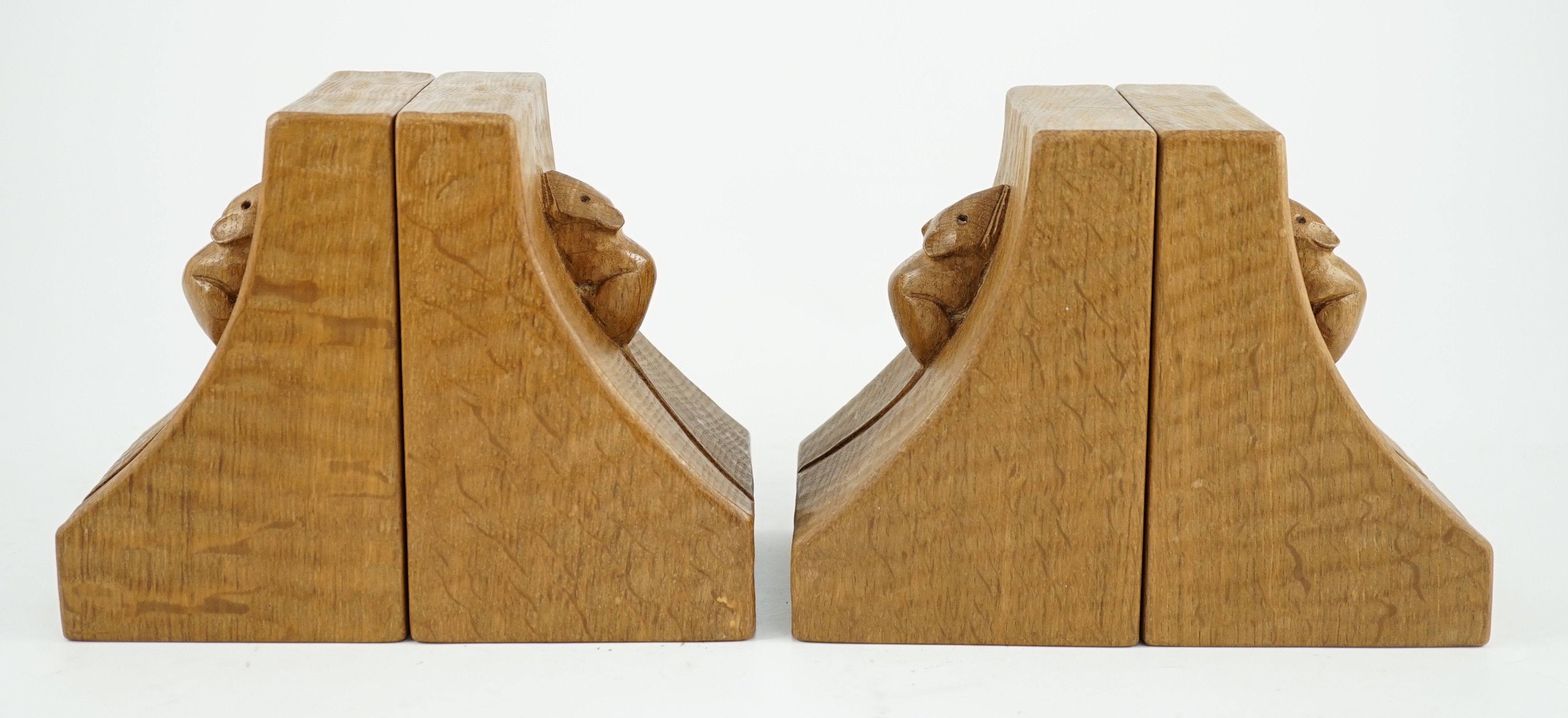 Two pairs of Robert Thompson Mouseman Thompson oak bookends, each carved with a mouse, width 9.5cm - Image 3 of 4