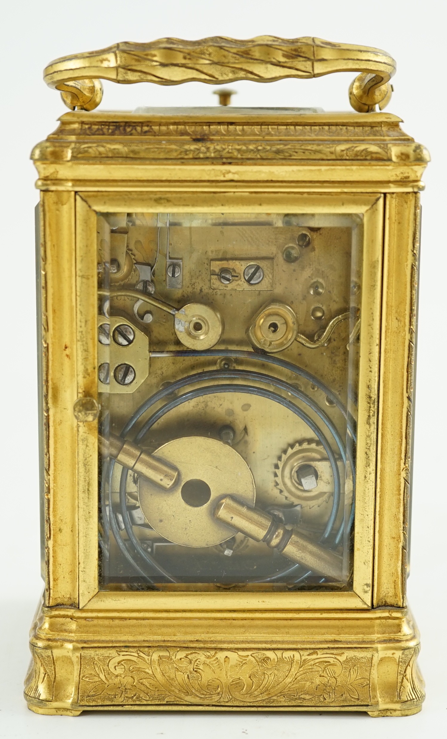 A late 19th century French engraved gilt brass gorge-cased repeating carriage clock with alarm, with - Image 4 of 6