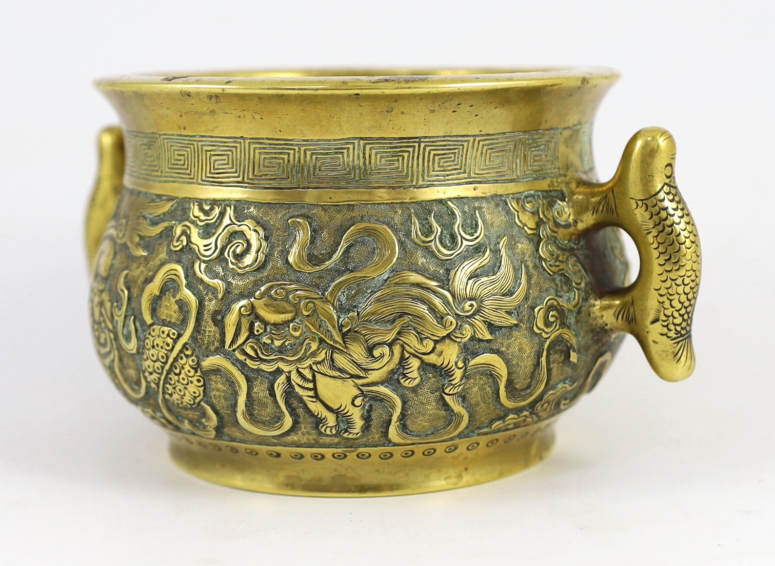 A Chinese polished bronze ‘Buddhist lion’ censer, gui, 19th century, cast and chased in relief - Image 4 of 10