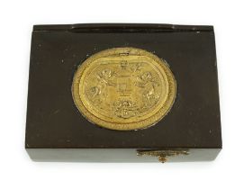 A late 19th century Swiss gilt metal mounted phenolic singing bird box, the lid decorated in