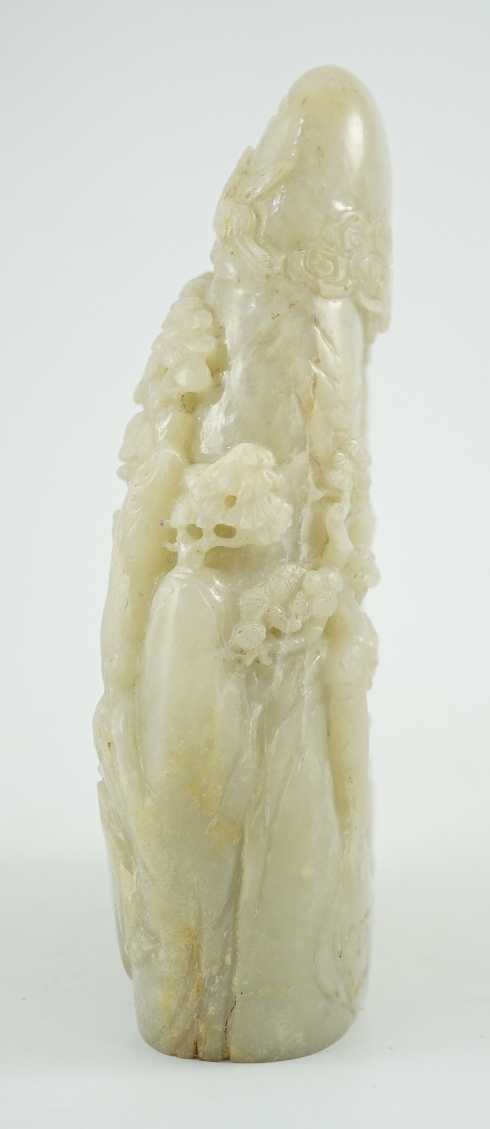 A Chinese pale celadon jade boulder carving, carved in high relief and openwork with Shou Lao, sages - Image 3 of 4