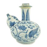 A Chinese late Ming blue and white ‘bird and lotus’ kendi, painted with wading birds amid lotus