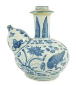 A Chinese late Ming blue and white ‘bird and lotus’ kendi, painted with wading birds amid lotus