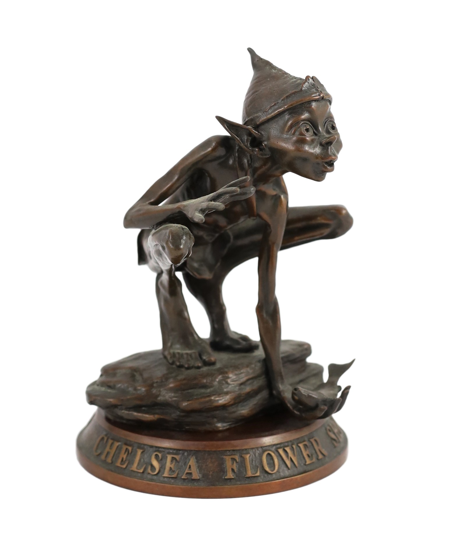 David Goode (British, b.1966). A Chelsea Flower Show Centenary bronze of a crouching pixie