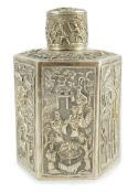 A late 19th century Chinese Export silver hexagonal tea caddy and cover, by Cumwo, embossed with